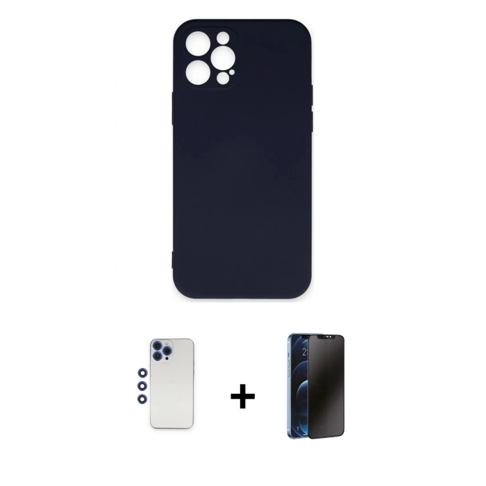 MARSİLYAN™- iPhone 12 Pro Max Kılıf Ahenk Serisi - Siyah 3D Antistatik Hayalet Cam Ekran Koruyucu + Shine Kamera Lens - LT