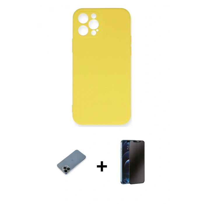 MARSİLYAN™- iPhone 12 Pro Max Kılıf Ahenk Serisi - Siyah 3D Antistatik Hayalet Cam Ekran Koruyucu + Shine Kamera Lens Koruma Cam - SH