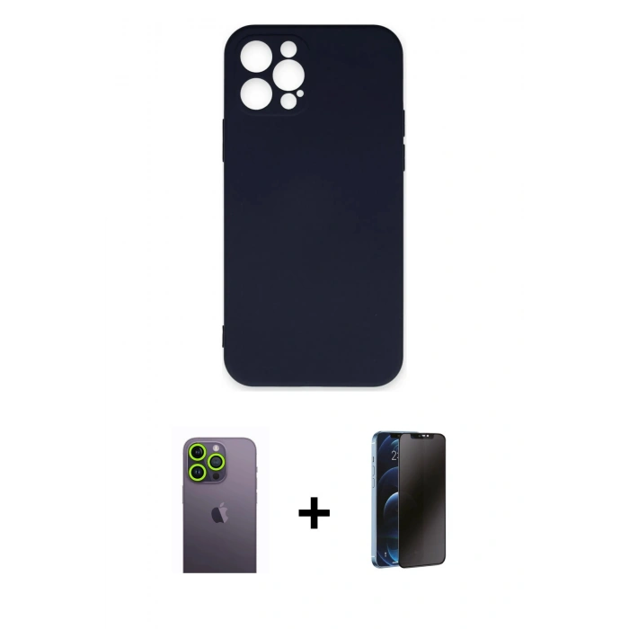MARSİLYAN™- iPhone 12 Pro Max Kılıf Ahenk Serisi - Siyah 3D Antistatik Hayalet Cam Ekran Koruyucu + Neon Fosforlu Kamera Lens - YL