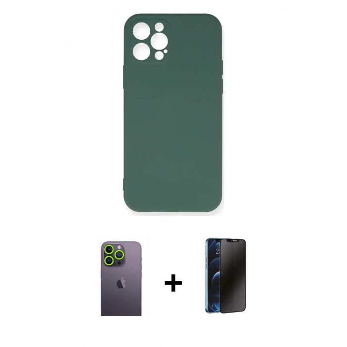 MARSİLYAN™- iPhone 12 Pro Max Kılıf Ahenk Serisi - Siyah 3D Antistatik Hayalet Cam Ekran Koruyucu + Neon Fosforlu Kamera Lens - YL