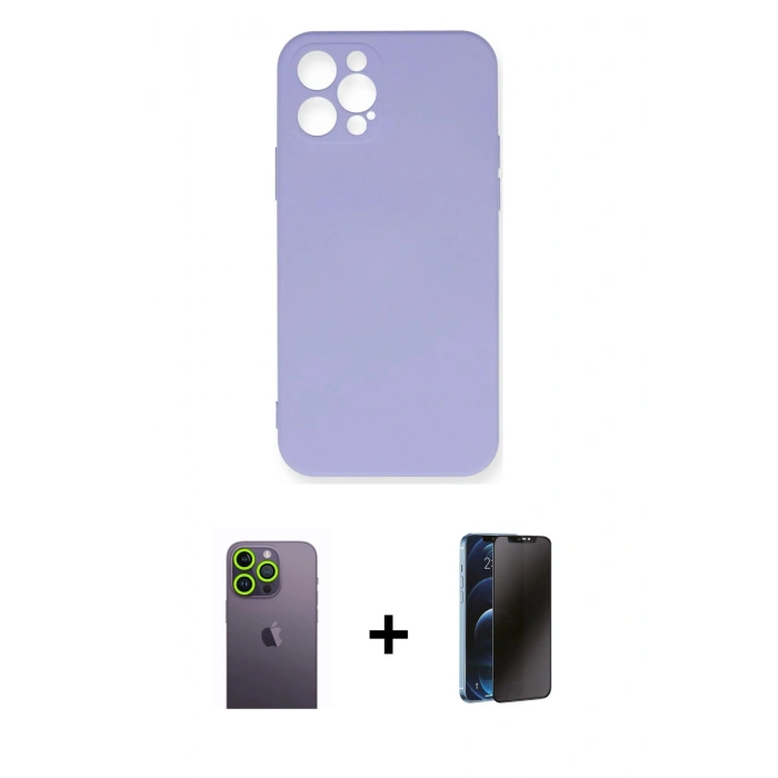 MARSİLYAN™- iPhone 12 Pro Max Kılıf Ahenk Serisi - Siyah 3D Antistatik Hayalet Cam Ekran Koruyucu + Neon Fosforlu Kamera Lens - YL