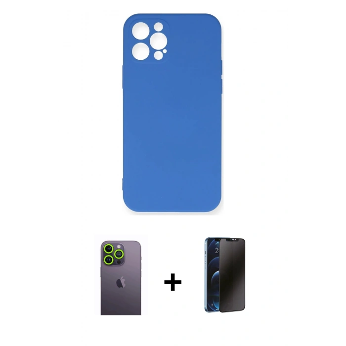 MARSİLYAN™- iPhone 12 Pro Max Kılıf Ahenk Serisi - Siyah 3D Antistatik Hayalet Cam Ekran Koruyucu + Neon Fosforlu Kamera Lens - YL