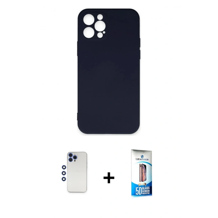 MARSİLYAN™- iPhone 12 Pro Max Kılıf Ahenk Serisi - Siyah 5D Eko Cam Ekran Koruyucu + Shine Kamera Lens - LT
