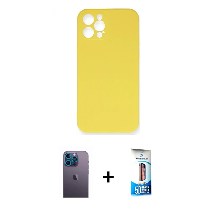 MARSİLYAN™- iPhone 12 Pro Max Kılıf Ahenk Serisi - Siyah 5D Eko Cam Ekran Koruyucu + Neon Fosforlu Kamera Lens - MI