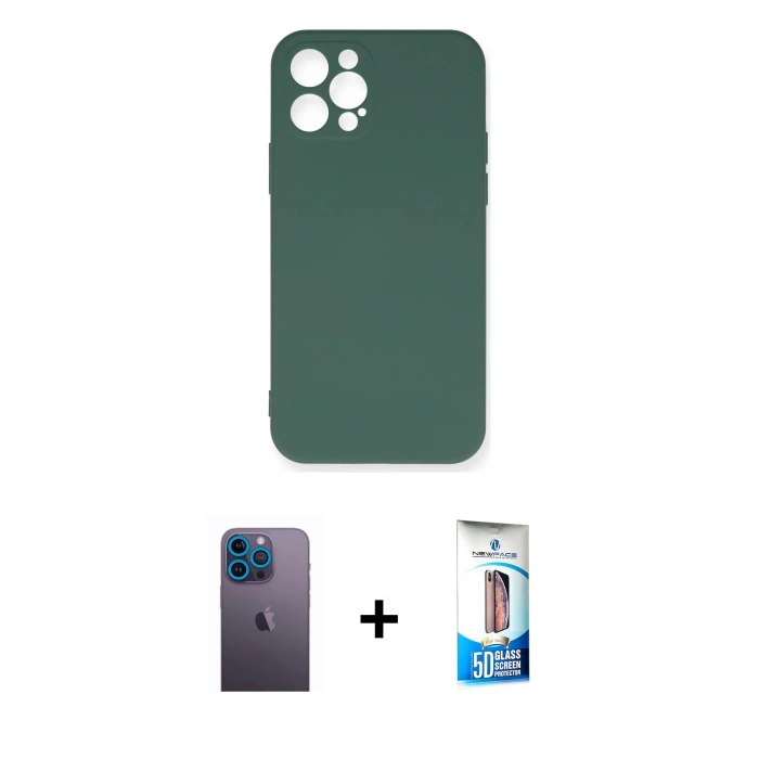 MARSİLYAN™- iPhone 12 Pro Max Kılıf Ahenk Serisi - Siyah 5D Eko Cam Ekran Koruyucu + Neon Fosforlu Kamera Lens - MI