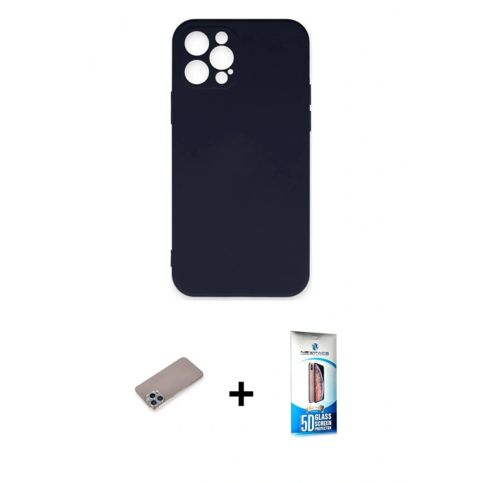 MARSİLYAN™- iPhone 12 Pro Max Kılıf Ahenk Serisi - Siyah 5D Eko Cam Ekran Koruyucu + Shine Kamera Lens Koruma Cam - SABE