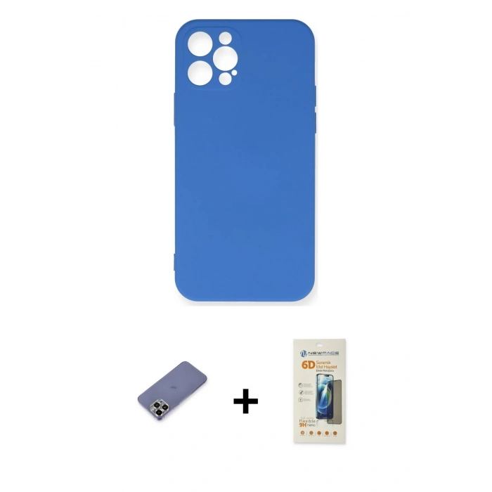 MARSİLYAN™- iPhone 12 Pro Max Kılıf Ahenk Serisi - Siyah 6D Mat Seramik Hayalet Nano Ekran Koruyucu + Gold Metal Kamera Lens Koruma Cam