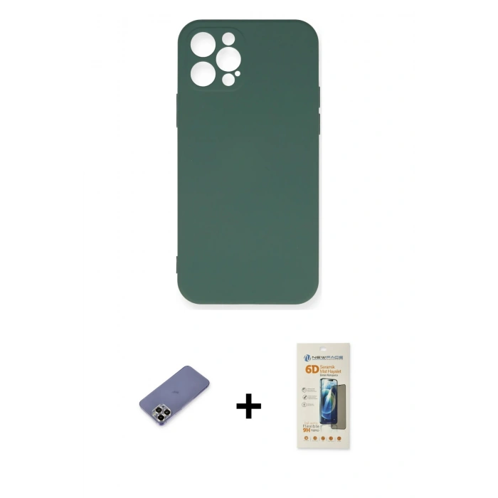 MARSİLYAN™- iPhone 12 Pro Max Kılıf Ahenk Serisi - Siyah 6D Mat Seramik Hayalet Nano Ekran Koruyucu + Gold Metal Kamera Lens Koruma Cam