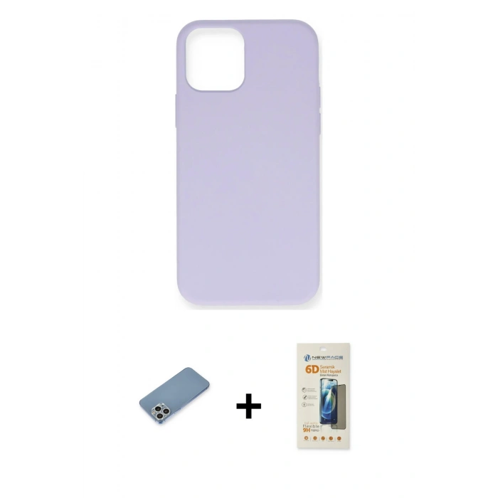MARSİLYAN™- iPhone 12 Pro Max Kılıf Ahenk Serisi - Siyah 6D Mat Seramik Hayalet Nano Ekran Koruyucu + Gümüş Shine Kamera Lens Koruma Cam