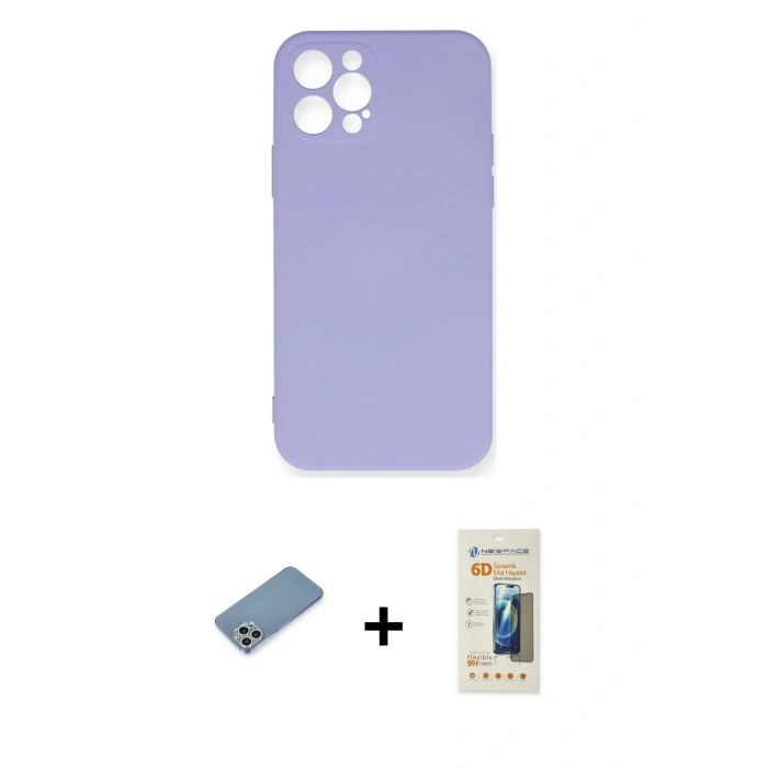 MARSİLYAN™- iPhone 12 Pro Max Kılıf Ahenk Serisi - Siyah 6D Mat Seramik Hayalet Nano Ekran Koruyucu + Gümüş Shine Kamera Lens Koruma Cam