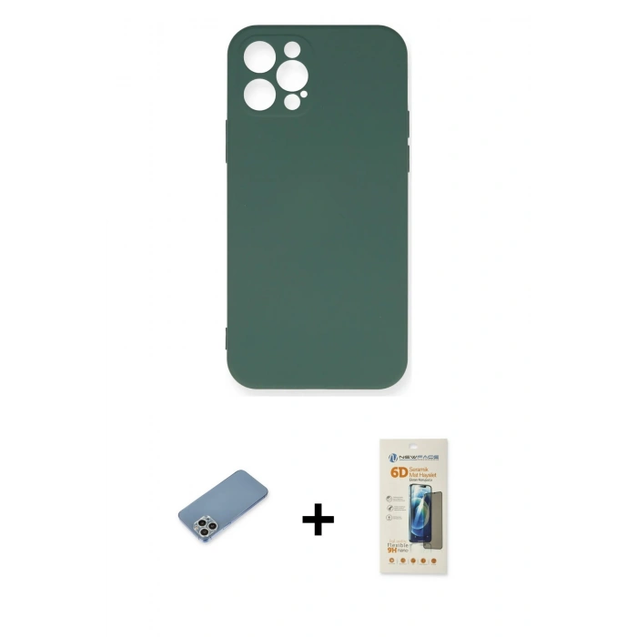 MARSİLYAN™- iPhone 12 Pro Max Kılıf Ahenk Serisi - Siyah 6D Mat Seramik Hayalet Nano Ekran Koruyucu + Gümüş Shine Kamera Lens Koruma Cam