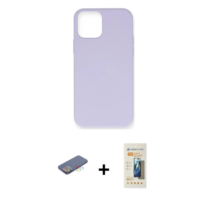 MARSİLYAN™- iPhone 12 Pro Max Kılıf Ahenk Serisi - Siyah 6D Mat Seramik Hayalet Nano Ekran Koruyucu + Mavi Renkli Kamera Lens Koruma Cam