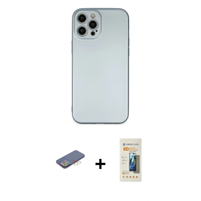 MARSİLYAN™- iPhone 12 Pro Max Kılıf Ahenk Serisi - Siyah 6D Mat Seramik Hayalet Nano Ekran Koruyucu + Mavi Renkli Kamera Lens Koruma Cam