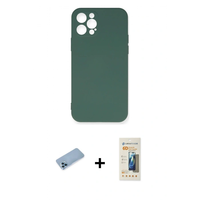 MARSİLYAN™- iPhone 12 Pro Max Kılıf Ahenk Serisi - Siyah 6D Mat Seramik Hayalet Nano Ekran Koruyucu + Shine Kamera Lens Koruma Cam - MI