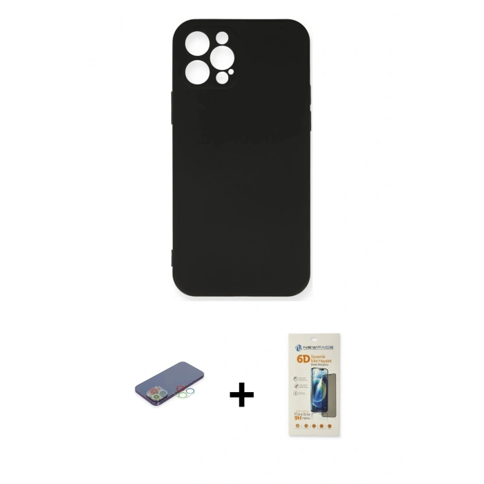 MARSİLYAN™- iPhone 12 Pro Max Kılıf Ahenk Serisi - Siyah 6D Mat Seramik Hayalet Nano Ekran Koruyucu + Mavi Renkli Kamera Lens Koruma Cam