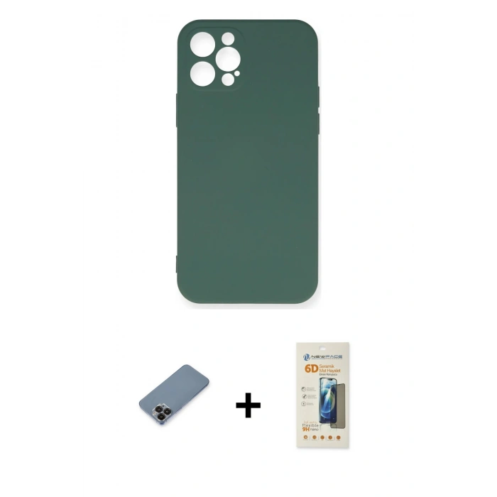 MARSİLYAN™- iPhone 12 Pro Max Kılıf Ahenk Serisi - Siyah 6D Mat Seramik Hayalet Nano Ekran Koruyucu + Metal Kamera Lens Koruma Cam - SH