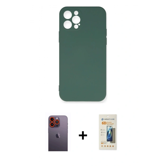 MARSİLYAN™- iPhone 12 Pro Max Kılıf Ahenk Serisi - Siyah 6D Mat Seramik Hayalet Nano Ekran Koruyucu + Neon Fosforlu Kamera Lens - TU