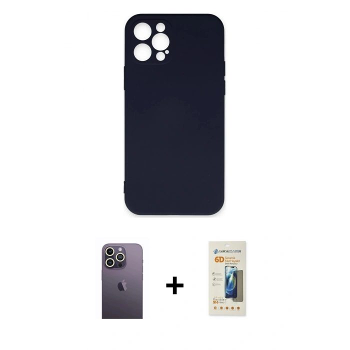 MARSİLYAN™- iPhone 12 Pro Max Kılıf Ahenk Serisi - Siyah 6D Mat Seramik Hayalet Nano Ekran Koruyucu + Neon Fosforlu Kamera Lens - BZ