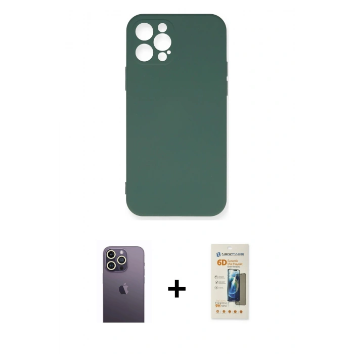 MARSİLYAN™- iPhone 12 Pro Max Kılıf Ahenk Serisi - Siyah 6D Mat Seramik Hayalet Nano Ekran Koruyucu + Neon Fosforlu Kamera Lens - BZ