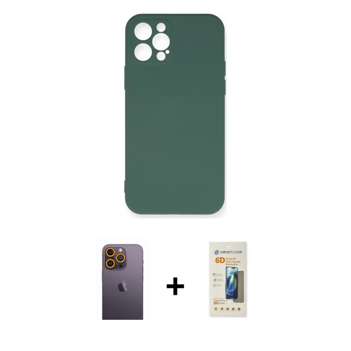 MARSİLYAN™- iPhone 12 Pro Max Kılıf Ahenk Serisi - Siyah 6D Mat Seramik Hayalet Nano Ekran Koruyucu + Neon Fosforlu Kamera Lens - SI