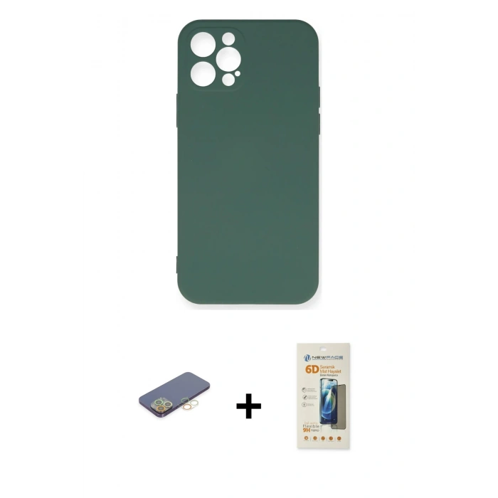 MARSİLYAN™- iPhone 12 Pro Max Kılıf Ahenk Serisi - Siyah 6D Mat Seramik Hayalet Nano Ekran Koruyucu + Renkli Kamera Lens Koruma Cam - SI