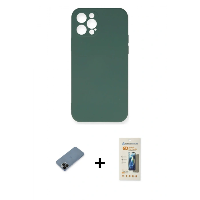 MARSİLYAN™- iPhone 12 Pro Max Kılıf Ahenk Serisi - Siyah 6D Mat Seramik Hayalet Nano Ekran Koruyucu + Siyah Shine Kamera Lens Koruma Cam