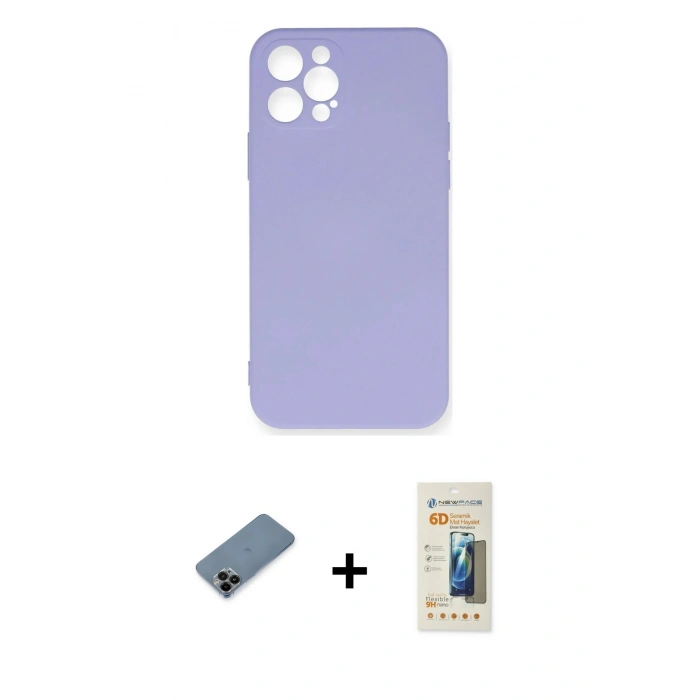 MARSİLYAN™- iPhone 12 Pro Max Kılıf Ahenk Serisi - Siyah 6D Mat Seramik Hayalet Nano Ekran Koruyucu + Siyah Shine Kamera Lens Koruma Cam