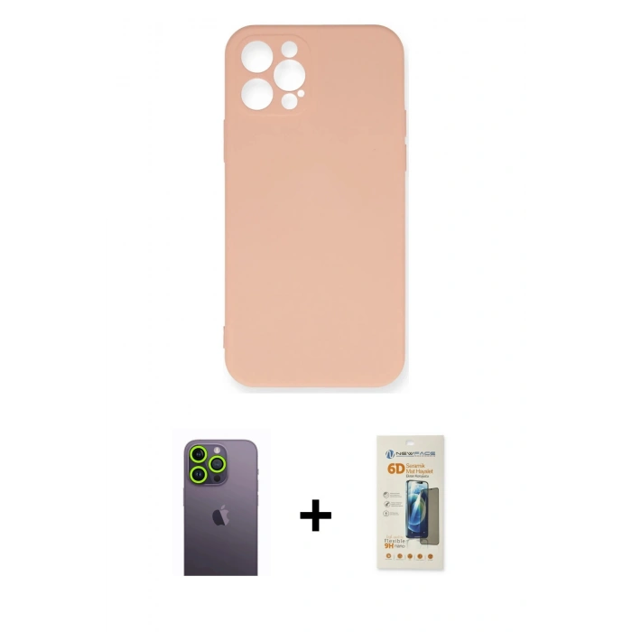 MARSİLYAN™- iPhone 12 Pro Max Kılıf Ahenk Serisi - Siyah 6D Mat Seramik Hayalet Nano Ekran Koruyucu + Neon Fosforlu Kamera Lens - YL