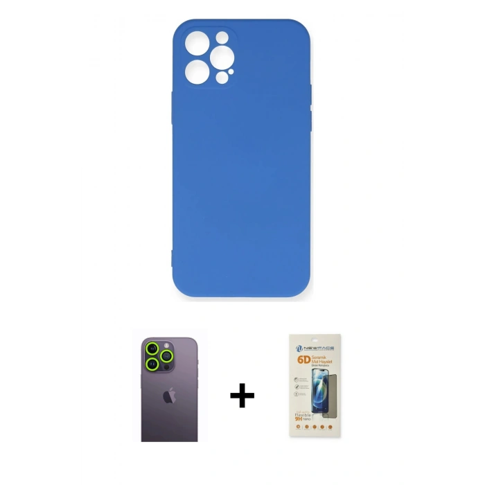 MARSİLYAN™- iPhone 12 Pro Max Kılıf Ahenk Serisi - Siyah 6D Mat Seramik Hayalet Nano Ekran Koruyucu + Neon Fosforlu Kamera Lens - YL