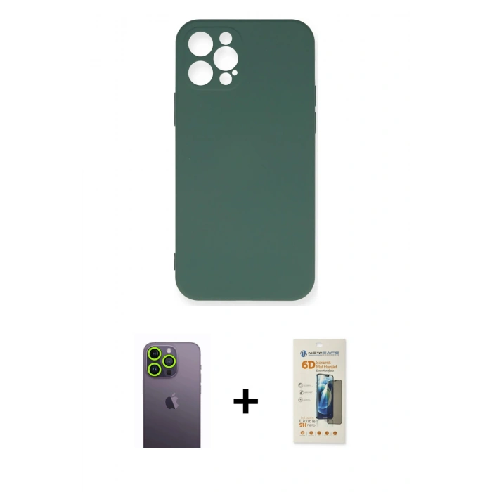 MARSİLYAN™- iPhone 12 Pro Max Kılıf Ahenk Serisi - Siyah 6D Mat Seramik Hayalet Nano Ekran Koruyucu + Neon Fosforlu Kamera Lens - YL