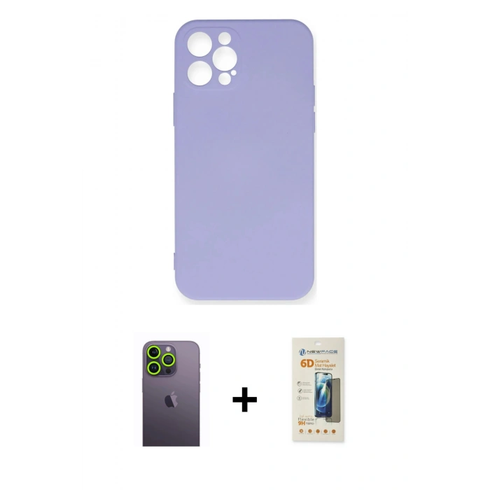 MARSİLYAN™- iPhone 12 Pro Max Kılıf Ahenk Serisi - Siyah 6D Mat Seramik Hayalet Nano Ekran Koruyucu + Neon Fosforlu Kamera Lens - YL