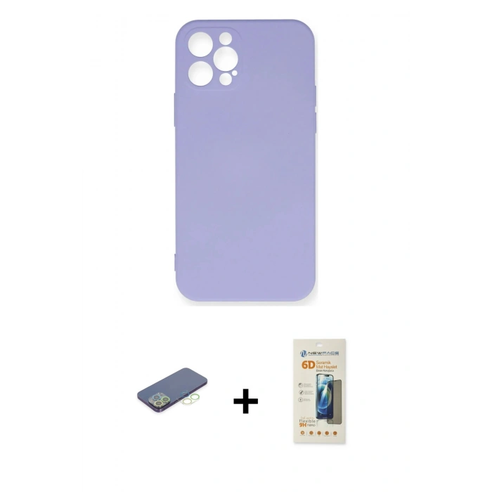 MARSİLYAN™- iPhone 12 Pro Max Kılıf Ahenk Serisi - Siyah 6D Mat Seramik Hayalet Nano Ekran Koruyucu + Renkli Kamera Lens Koruma Cam - YL