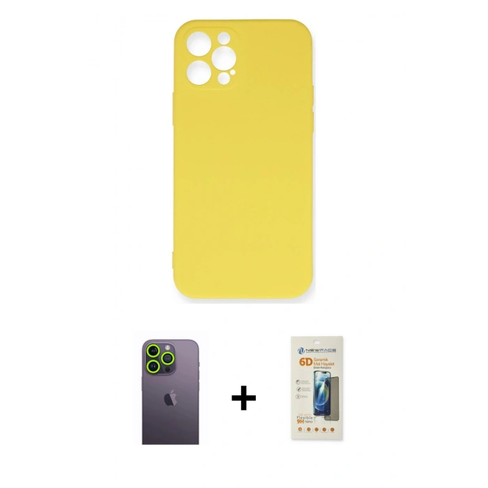 MARSİLYAN™- iPhone 12 Pro Max Kılıf Ahenk Serisi - Siyah 6D Mat Seramik Hayalet Nano Ekran Koruyucu + Neon Fosforlu Kamera Lens - YL