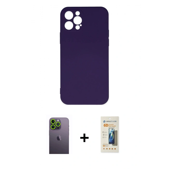 MARSİLYAN™- iPhone 12 Pro Max Kılıf Ahenk Serisi - Siyah 6D Mat Seramik Hayalet Nano Ekran Koruyucu + Neon Fosforlu Kamera Lens - YL