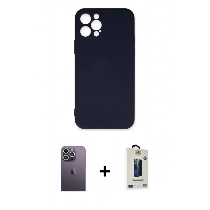 MARSİLYAN™- iPhone 12 Pro Max Kılıf Ahenk Serisi - Siyah Bilvis Hayalet Cam Ekran Koruyucu + Neon Fosforlu Kamera Lens - BZ