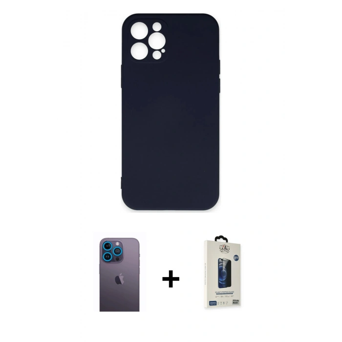 MARSİLYAN™- iPhone 12 Pro Max Kılıf Ahenk Serisi - Siyah Bilvis Hayalet Cam Ekran Koruyucu + Neon Fosforlu Kamera Lens - MI