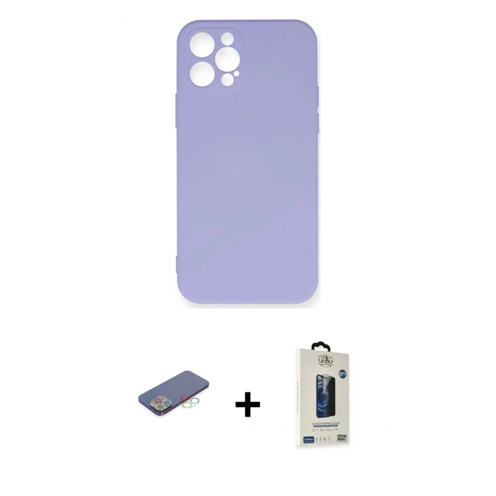 MARSİLYAN™- iPhone 12 Pro Max Kılıf Ahenk Serisi - Siyah Bilvis Hayalet Cam Ekran Koruyucu + Renkli Kamera Lens Koruma Cam - MI