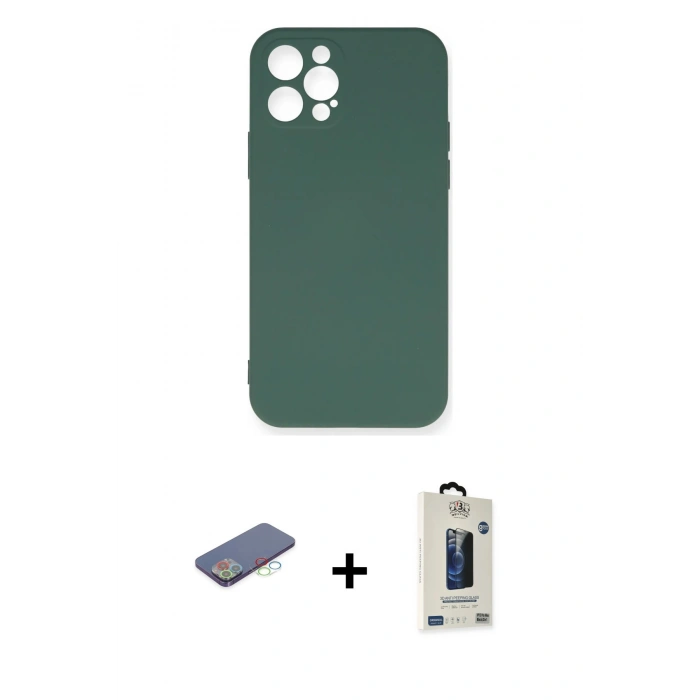 MARSİLYAN™- iPhone 12 Pro Max Kılıf Ahenk Serisi - Siyah Bilvis Hayalet Cam Ekran Koruyucu + Renkli Kamera Lens Koruma Cam - MI