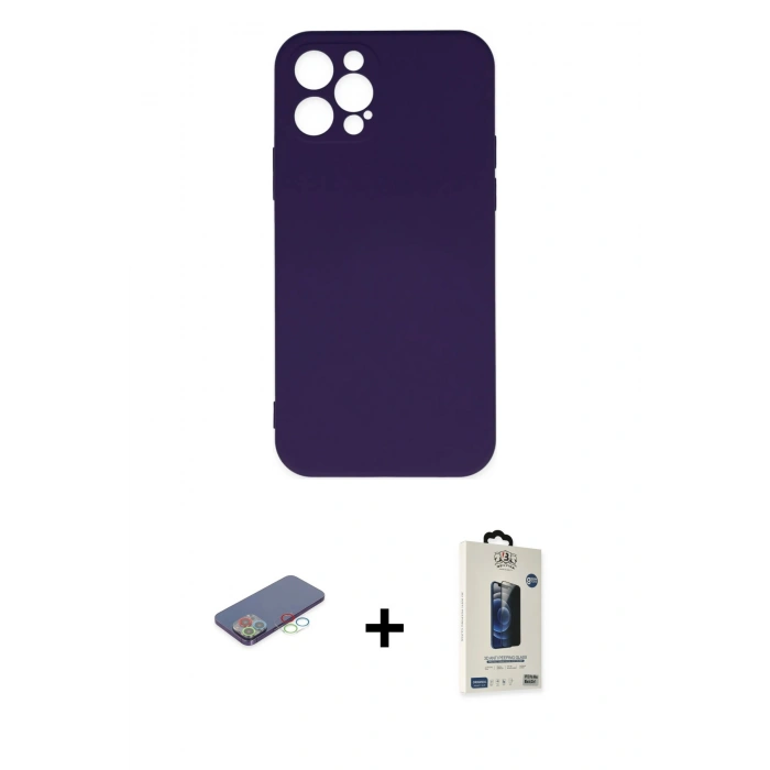 MARSİLYAN™- iPhone 12 Pro Max Kılıf Ahenk Serisi - Siyah Bilvis Hayalet Cam Ekran Koruyucu + Renkli Kamera Lens Koruma Cam - MI