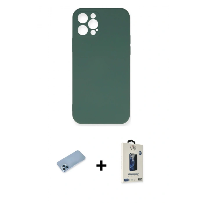 MARSİLYAN™- iPhone 12 Pro Max Kılıf Ahenk Serisi - Siyah Bilvis Hayalet Cam Ekran Koruyucu + Shine Kamera Lens Koruma Cam - MI