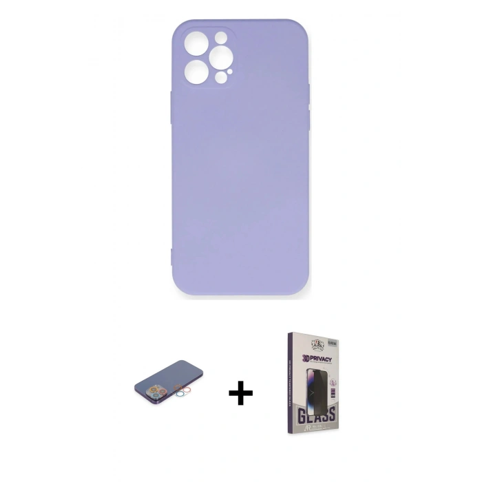 MARSİLYAN™- iPhone 12 Pro Max Kılıf Ahenk Serisi - Siyah Bilvis Hayalet Cam Ekran Koruyucu + Renkli Kamera Lens Koruma Cam - PE