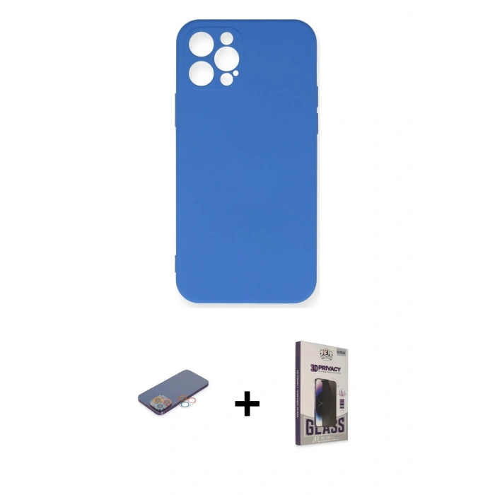 MARSİLYAN™- iPhone 12 Pro Max Kılıf Ahenk Serisi - Siyah Bilvis Hayalet Cam Ekran Koruyucu + Renkli Kamera Lens Koruma Cam - PE