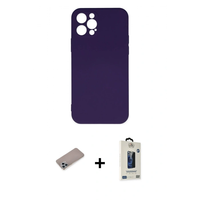 MARSİLYAN™- iPhone 12 Pro Max Kılıf Ahenk Serisi - Siyah Bilvis Hayalet Cam Ekran Koruyucu + Shine Kamera Lens Koruma Cam - SABE