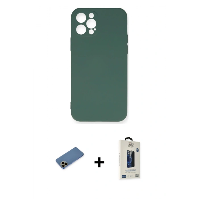 MARSİLYAN™- iPhone 12 Pro Max Kılıf Ahenk Serisi - Siyah Bilvis Hayalet Cam Ekran Koruyucu + Shine Kamera Lens Koruma Cam - GD