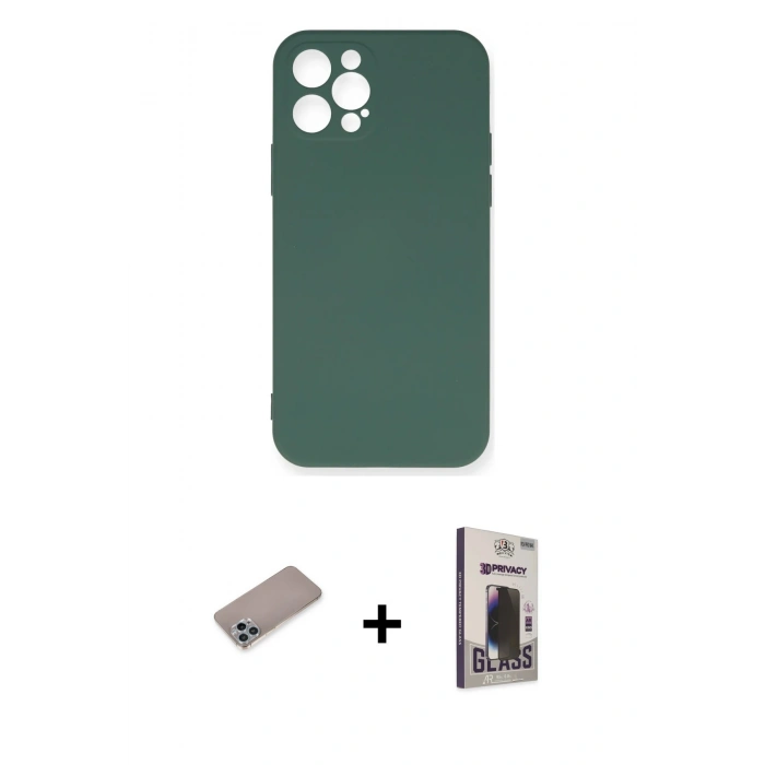 MARSİLYAN™- iPhone 12 Pro Max Kılıf Ahenk Serisi - Siyah Bilvis Hayalet Cam Ekran Koruyucu + Sierra Blue Shine Kamera Lens Koruma Cam