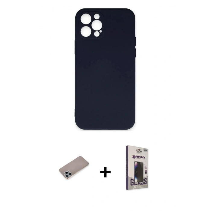 MARSİLYAN™- iPhone 12 Pro Max Kılıf Ahenk Serisi - Siyah Bilvis Hayalet Cam Ekran Koruyucu + Sierra Blue Shine Kamera Lens Koruma Cam