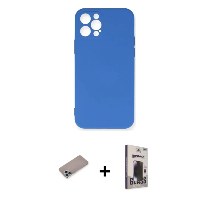 MARSİLYAN™- iPhone 12 Pro Max Kılıf Ahenk Serisi - Siyah Bilvis Hayalet Cam Ekran Koruyucu + Sierra Blue Shine Kamera Lens Koruma Cam