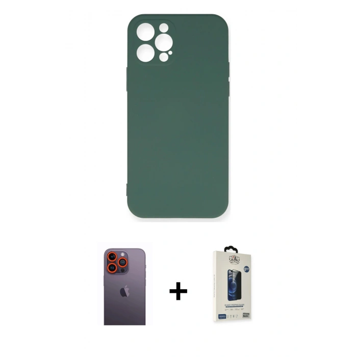MARSİLYAN™- iPhone 12 Pro Max Kılıf Ahenk Serisi - Siyah Bilvis Hayalet Cam Ekran Koruyucu + Neon Fosforlu Kamera Lens - TU
