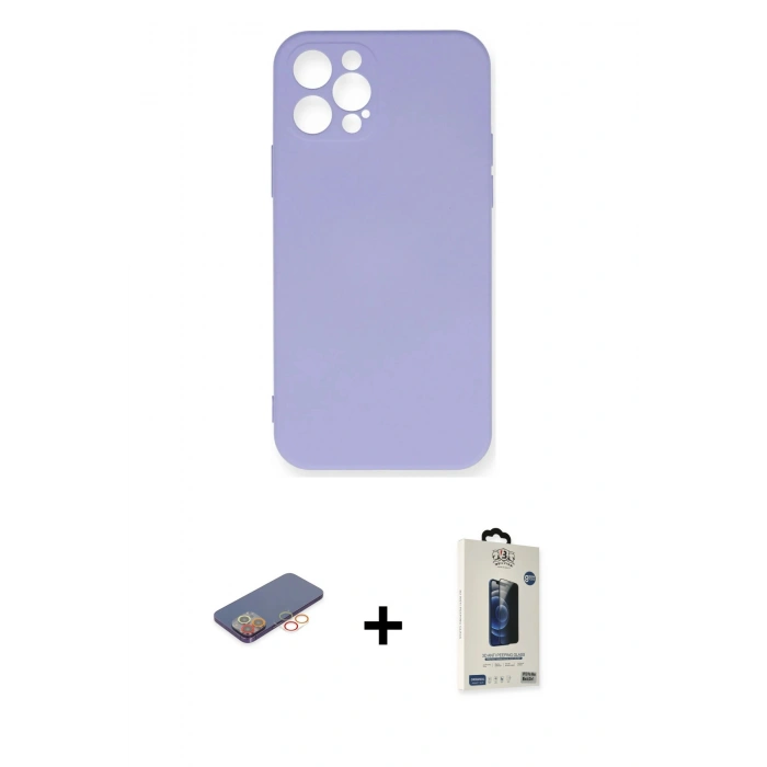 MARSİLYAN™- iPhone 12 Pro Max Kılıf Ahenk Serisi - Siyah Bilvis Hayalet Cam Ekran Koruyucu + Renkli Kamera Lens Koruma Cam - TU