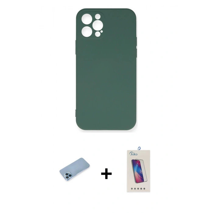 MARSİLYAN™- iPhone 12 Pro Max Kılıf Ahenk Serisi - Siyah Joko 5D Cam + Mavi Shine Kamera Lens Koruma Cam